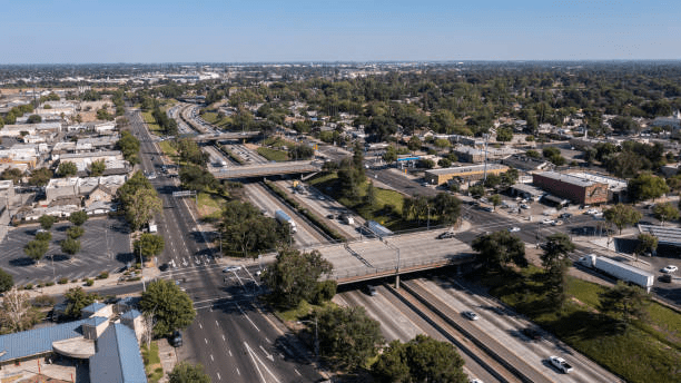 Aerial view of a freeway during the day